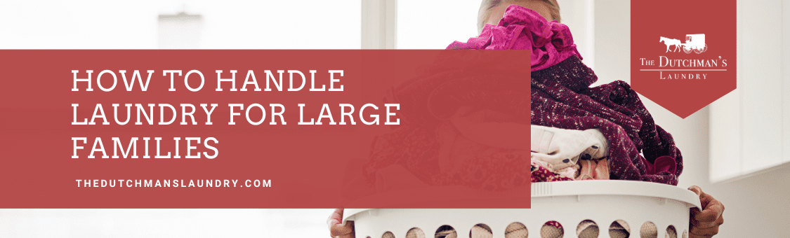 A person carrying an overflowing laundry basket in a bright room. Text on the image reads: "How to Handle Laundry for Large Families. TheDutchmansLaundry.com.