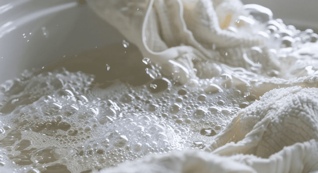 Close-up of soapy water with white fabric being washed, showing bubbles and wet cloth. Laundry Myths