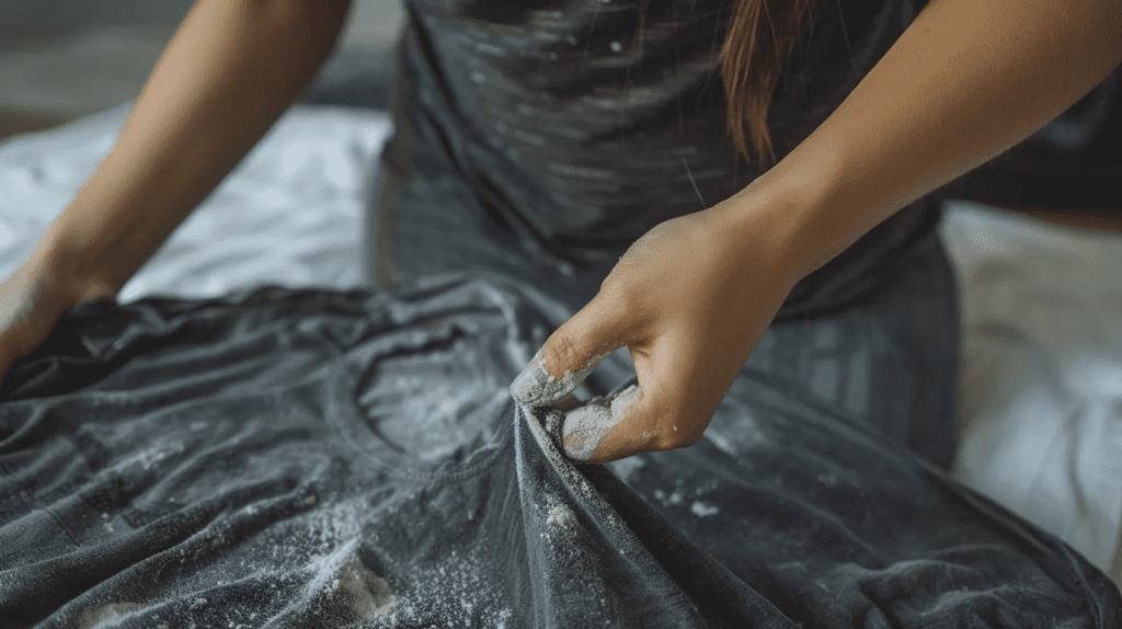 A person holds a black shirt covered in white powder, possibly baking flour, over a bed. The Best Way to Get Motor Oil and Grease Stains Out of Clothes.