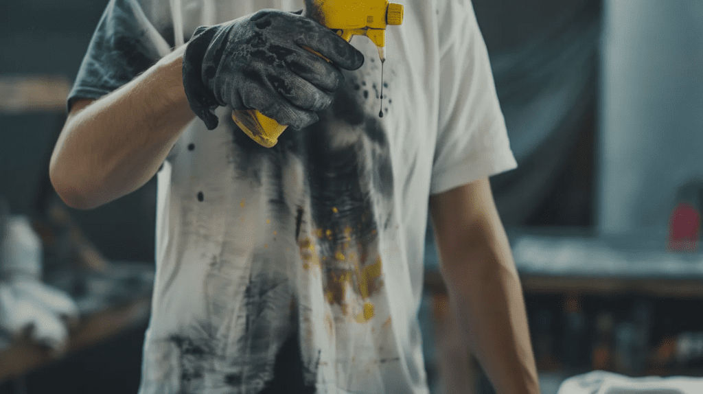 Person wearing gloves paints a t-shirt using a spray can, creating a black and yellow abstract design. The Best Way to Get Motor Oil and Grease Stains Out of Clothes.