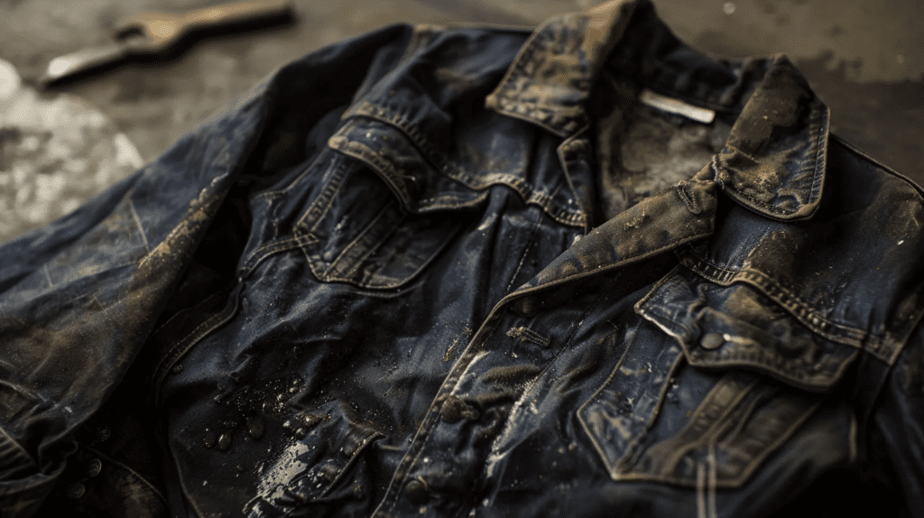 A weathered denim jacket with dust and stains is laid on a dark surface. A paintbrush is partially visible in the background. The Best Way to Get Motor Oil and Grease Stains Out of Clothes.