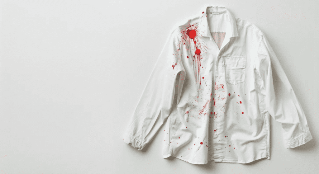 A white dress shirt with red paint splattered on the front and sleeve, on a plain background. How to Remove Blood Stains From Clothes.