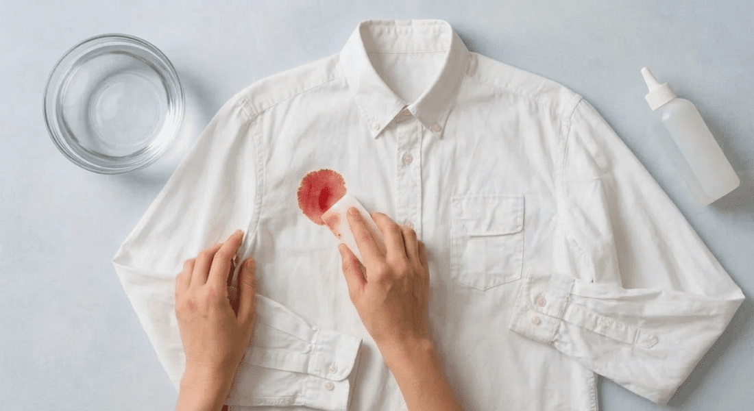 Hands cleaning a red stain on a white button-down shirt with a sponge; a bowl of water and a bottle are beside the shirt.