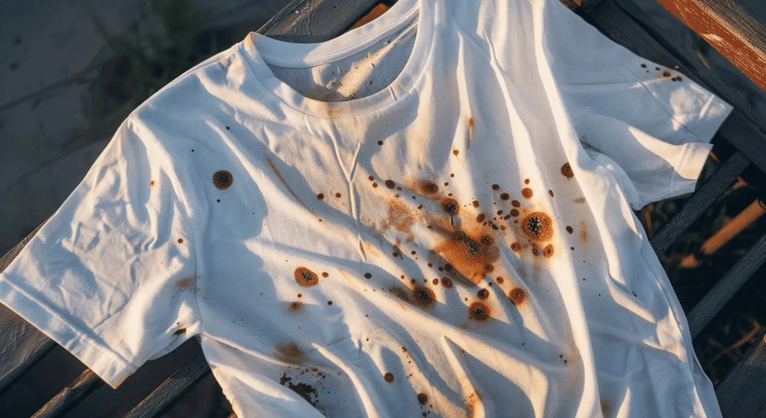 White T-shirt with numerous rust stains, laid out on a wooden surface.