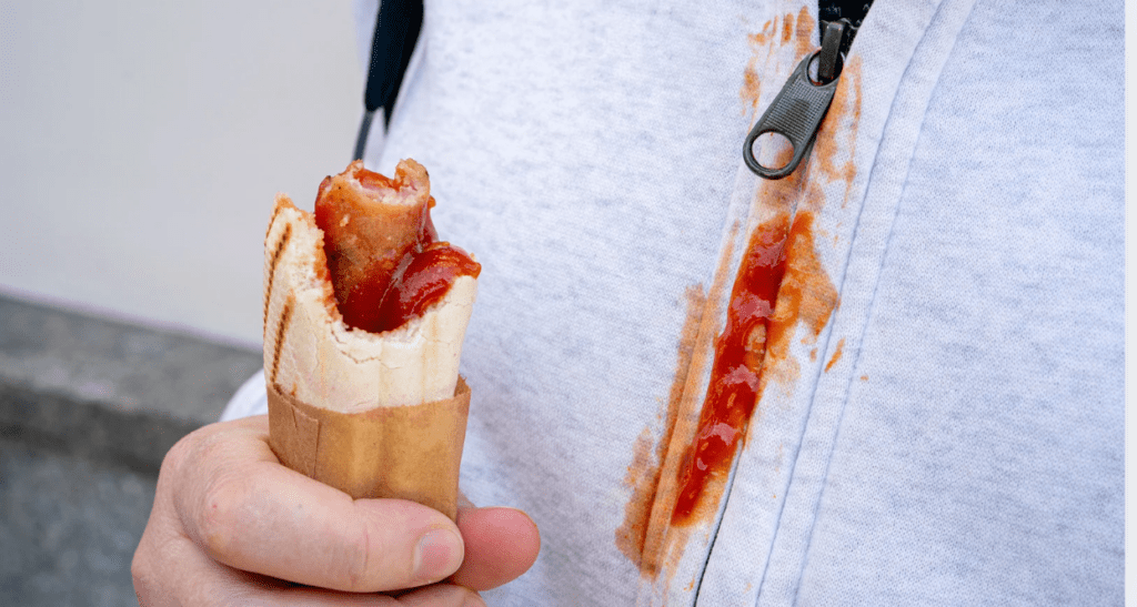 A person holds a hot dog wrapped in a napkin, with ketchup spilled on their white hoodie and hot dog.