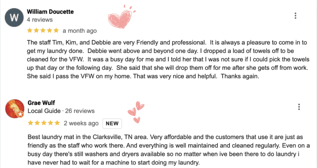 Two reviews praising a Clarksville, TN laundromat for its friendly staff and cleanliness. Both reviewers appreciate the convenient, well-maintained service.
