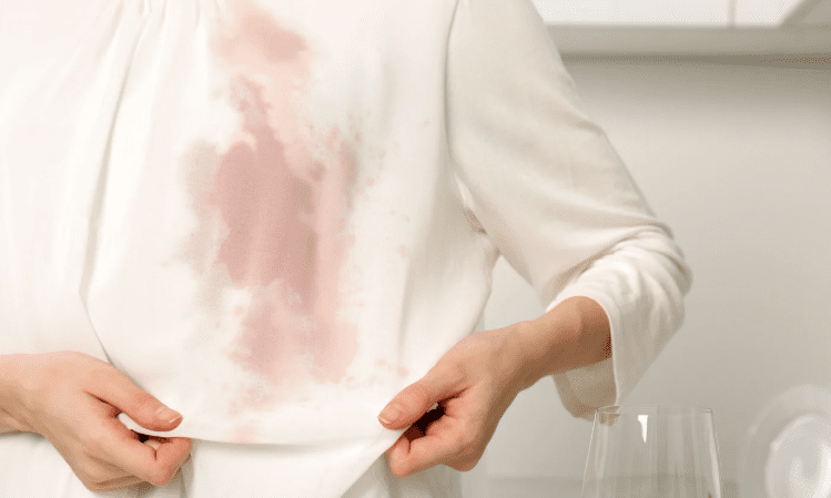 A person holds up a white shirt stained with a large pink or red liquid spill in a kitchen setting.