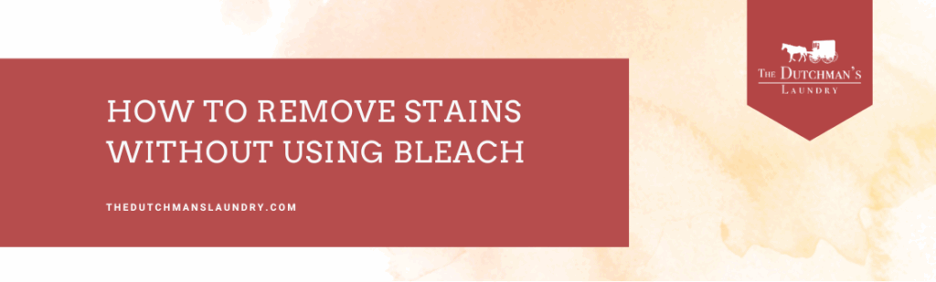 Banner reading "How to Remove Stains Without Using Bleach" with The Dutchman's Laundry logo and website on a light watercolor background.