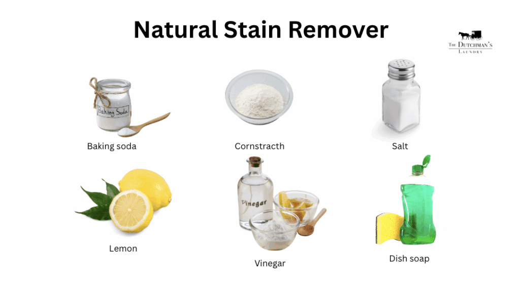 Six common household items labeled as natural stain removers: baking soda, cornstarch, salt, lemon, vinegar, and dish soap, each shown with a corresponding image.