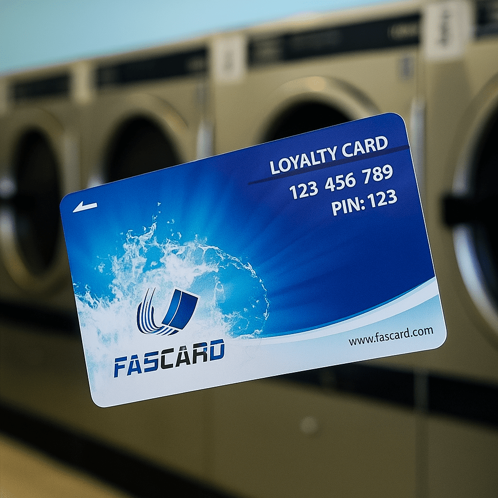 A blue FasCard loyalty card with card number 123 456 789 and PIN 123 is shown in front of washing machines at a laundromat.