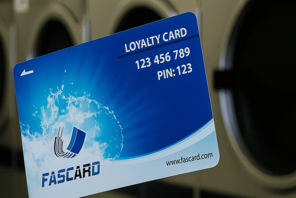 A blue FasCard loyalty card with a PIN number is held in front of a row of washing machines at a laundromat.