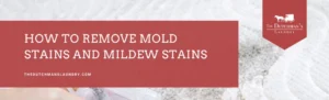 A person sprays cleaner on a carpet with visible mold stains. Text reads, "How to Remove Mold Stains and Mildew Stains. thedutchmanslaundry.com.
