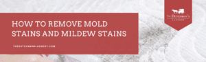 Banner with the text "How to Remove Mold Stains and Mildew Stains" from The Dutchman's Laundry, showing a person cleaning a light-colored fabric.