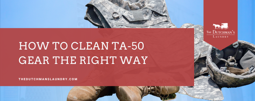 A pile of military TA-50 gear, including a vest, boots, and helmet, with a banner that reads "How to Clean TA-50 Gear the Right Way.