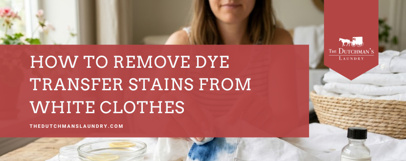 Woman removing dye stains from white clothes with cleaning supplies, next to a stack of folded laundry. Text overlay reads, "How to remove dye transfer stains from white clothes.