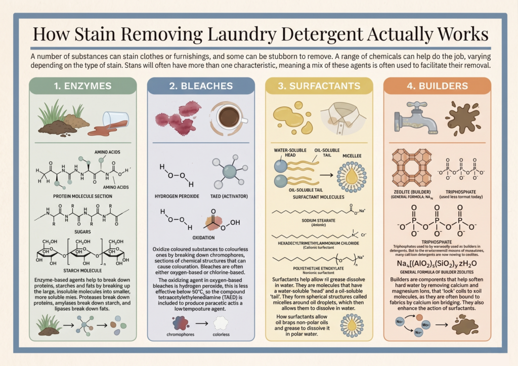 Infographic showing how surfactants, enzymes, builders and bleaching ingredients help laundry detergent remove stains