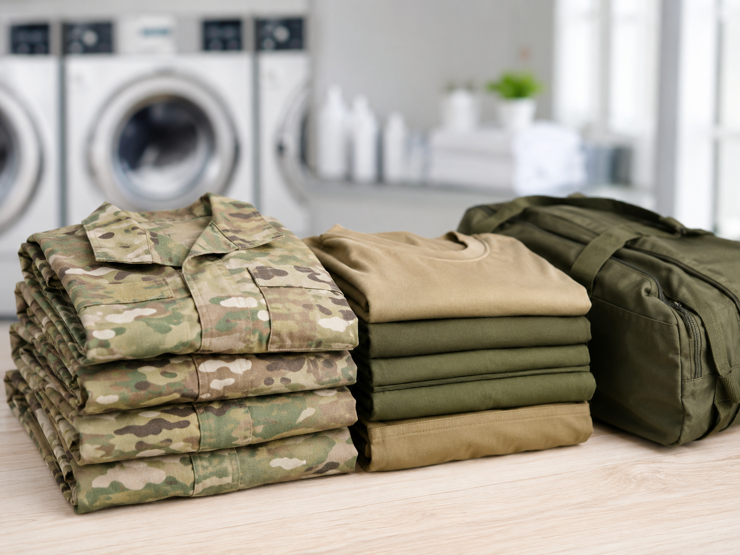 Folded OCP military uniforms and field gear at a laundromat near Fort Campbell