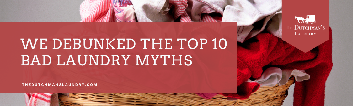 A wicker basket filled with red and white laundry sits next to a banner that reads, "We debunked the top 10 bad laundry myths.